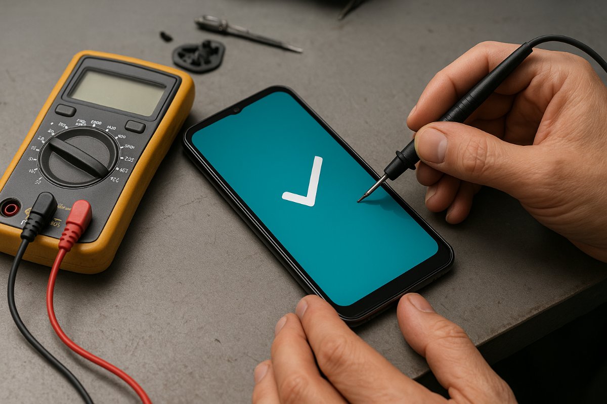 Celular remontado após a troca da bateria em bancada de manutenção