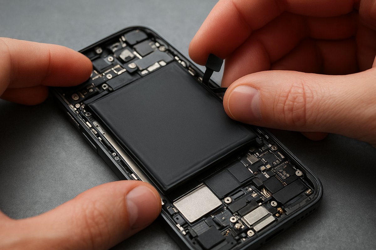 Detalhe da bateria sendo removida com cuidado de dentro do celular
