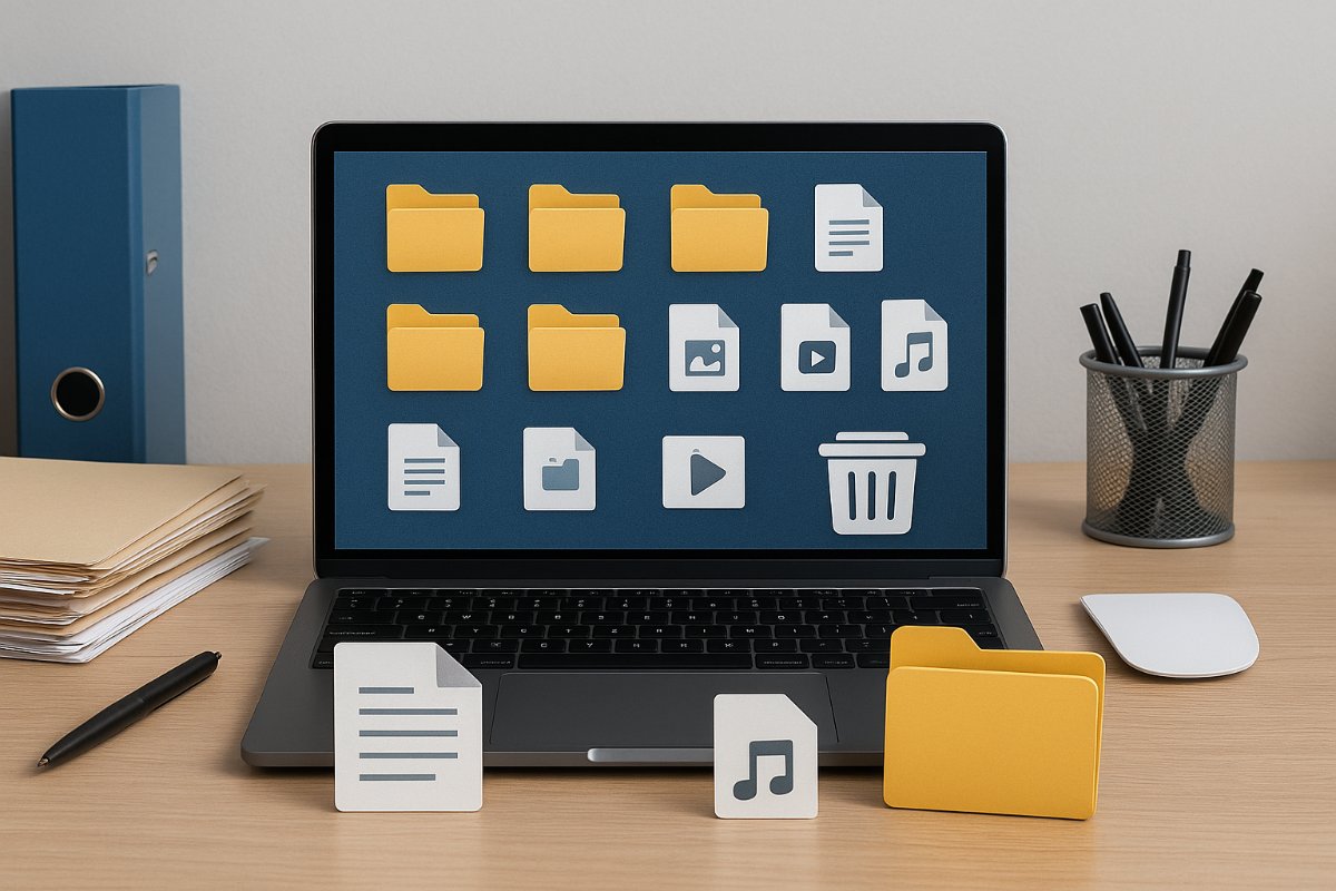 Pastas e arquivos acumulados em um computador, representando itens que podem ser revisados.
