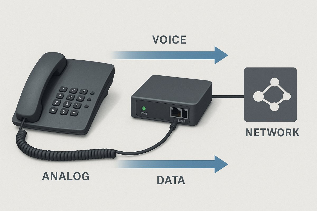 Telefone analógico conectado a um ATA PAP2 e à rede IP