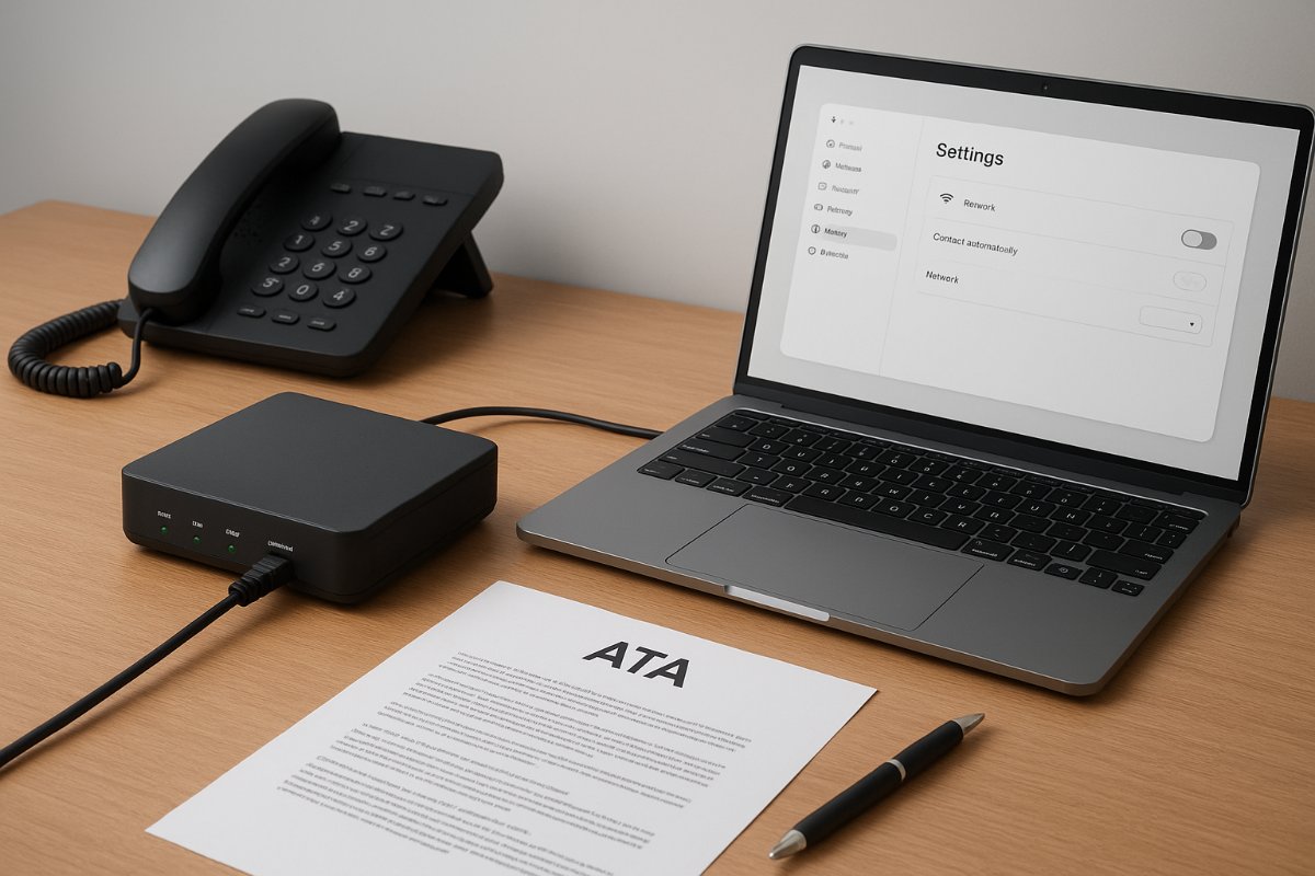 ATA PAP2 em mesa de trabalho com notebook e telefone analógico