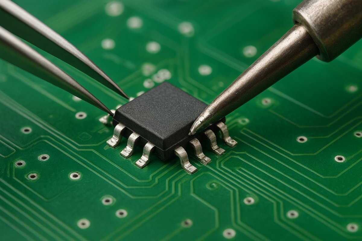 Close-up de CI SMD sendo manuseado com pinça e estação de solda