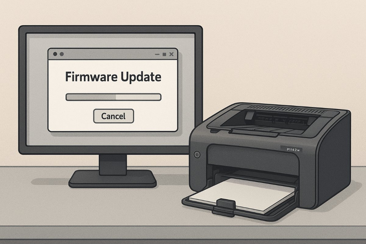 Computador exibindo atualização de firmware para impressora HP