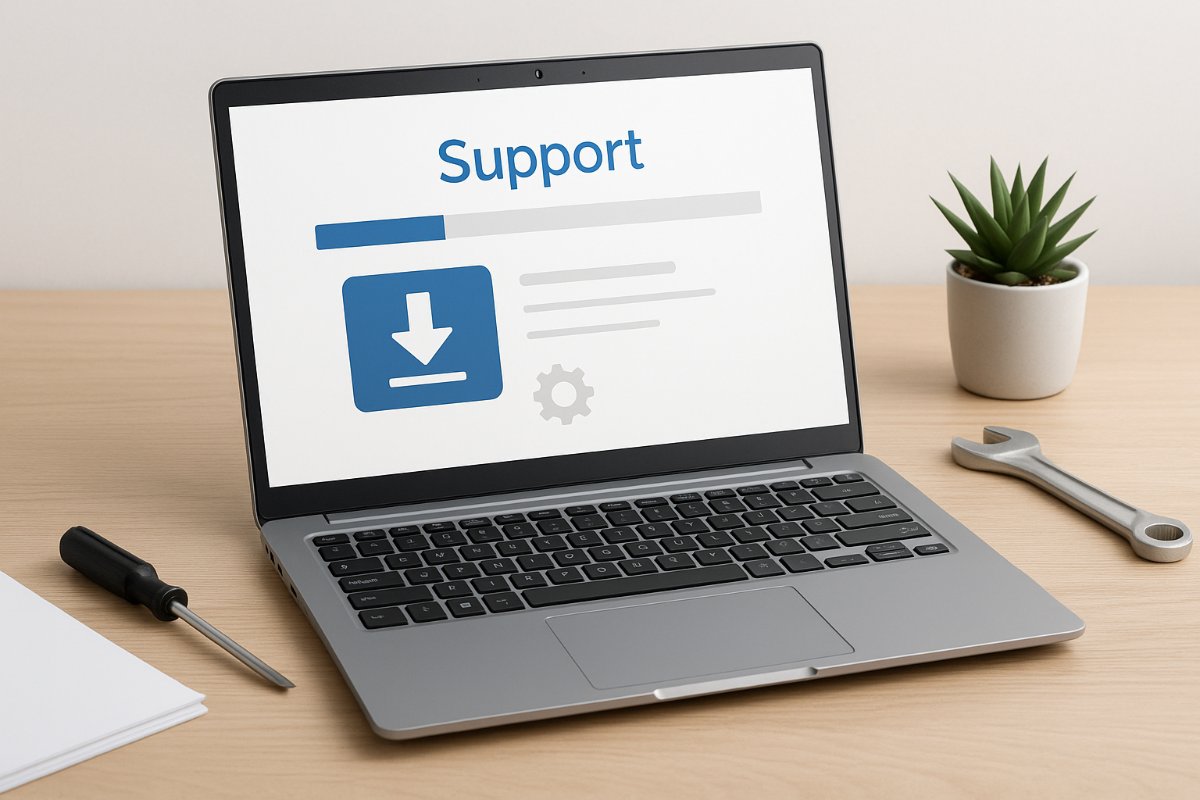 Página de suporte da HP aberta em um notebook