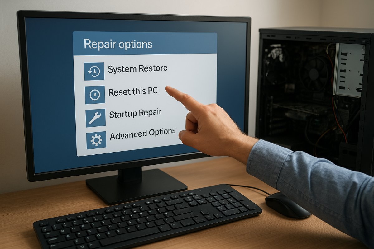 Técnico analisando opções de reparo do Windows 10