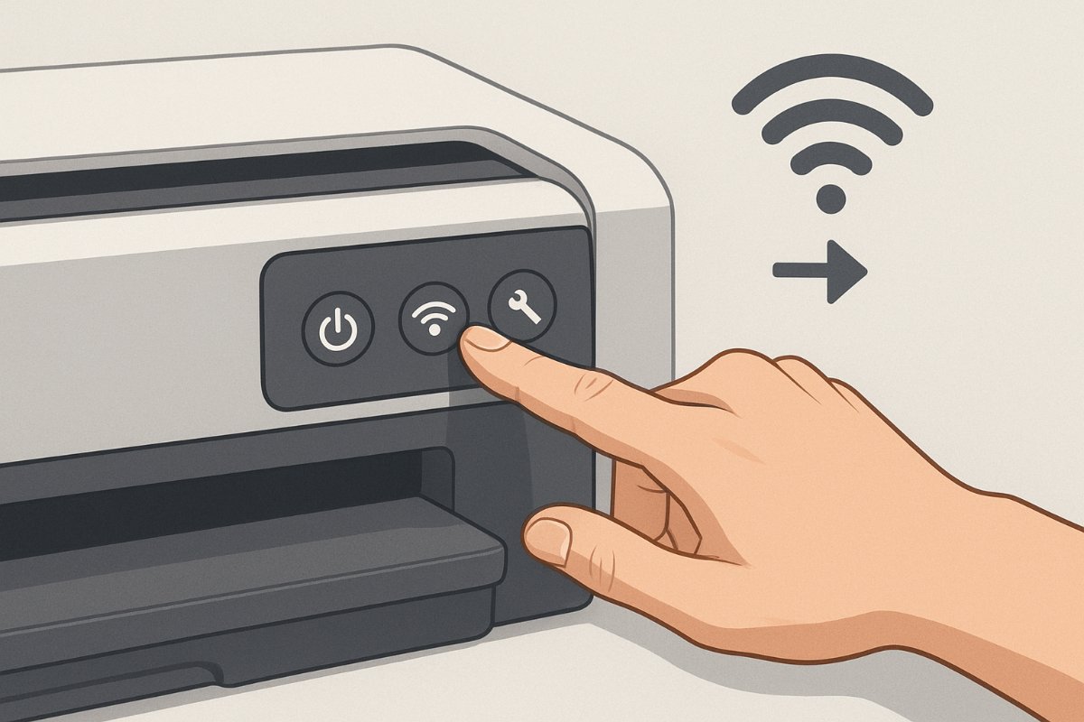 Mão configurando uma impressora com símbolo de Wi‑Fi ao fundo.
