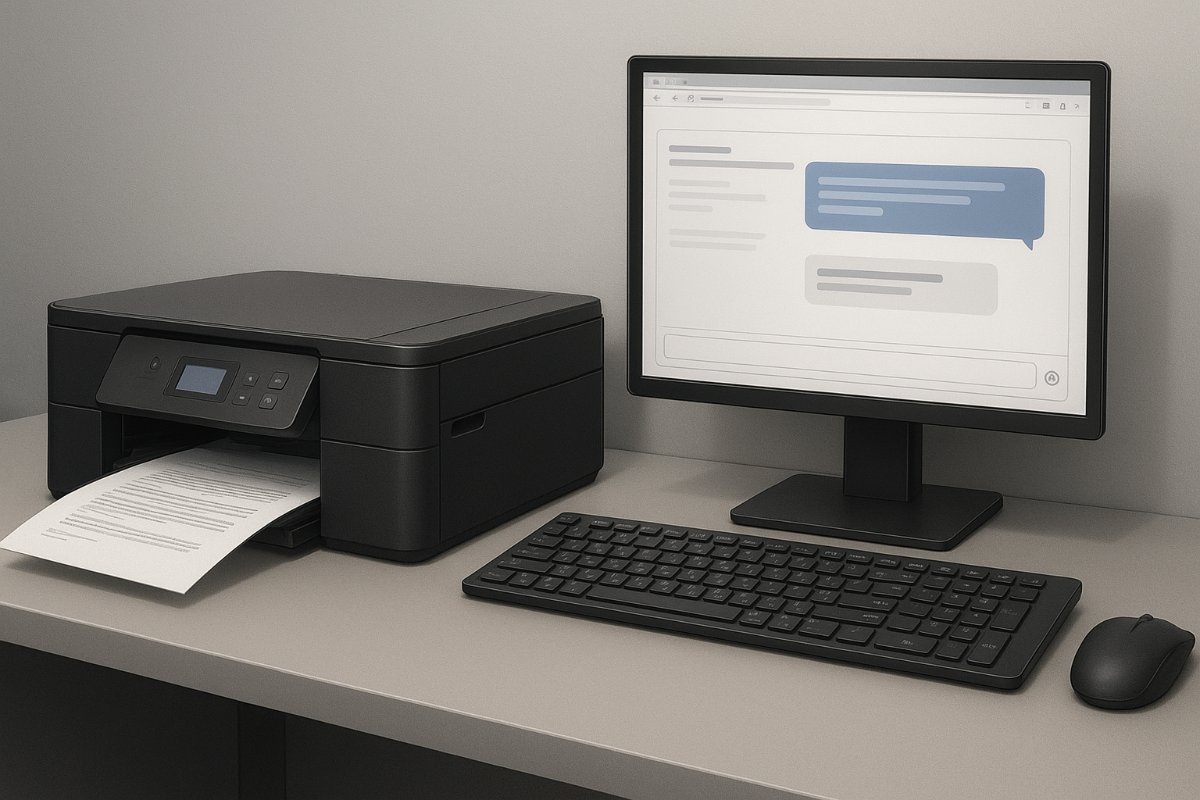 Impressora funcionando ao lado de um computador com fórum aberto