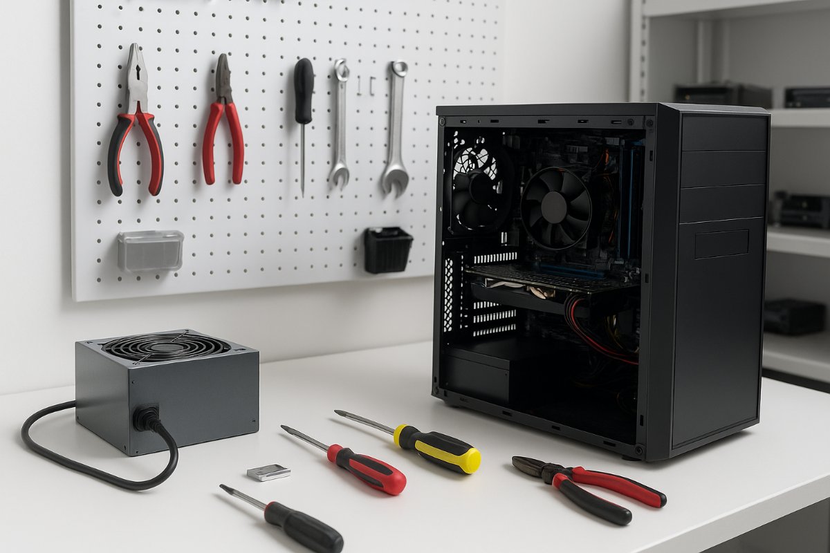Bancada de manutenção com fonte de computador e ferramentas