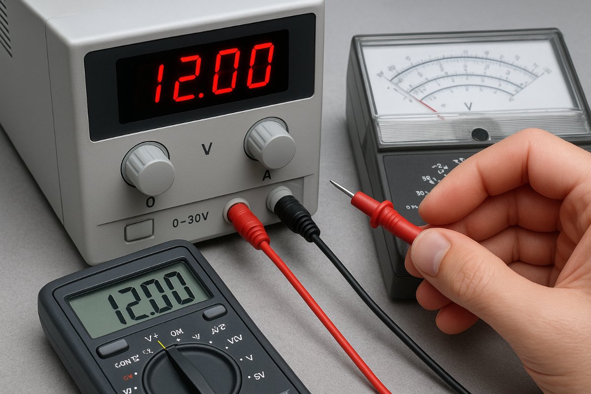 Instrumentos de teste avaliando uma fonte de computador