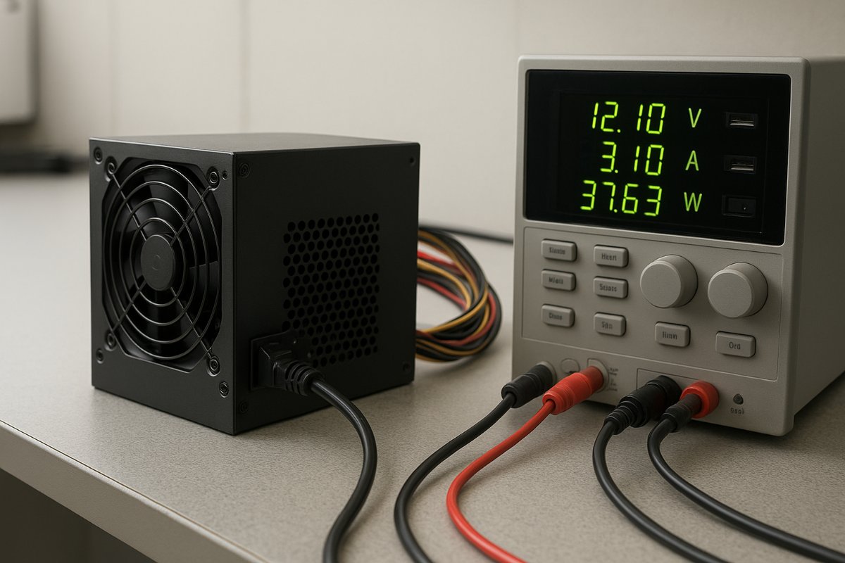 Fonte de computador conectada a uma carga de teste