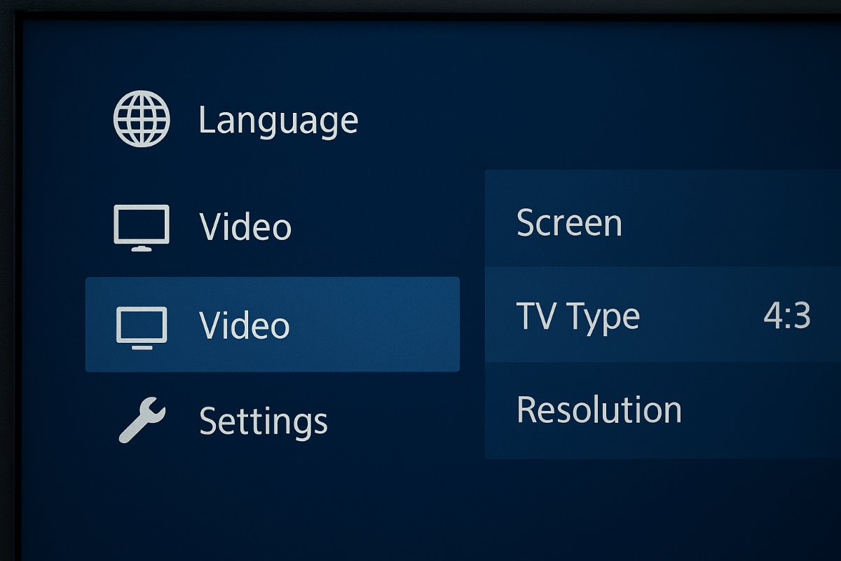 Menu de configurações do PlayStation 2 com opções de idioma e vídeo