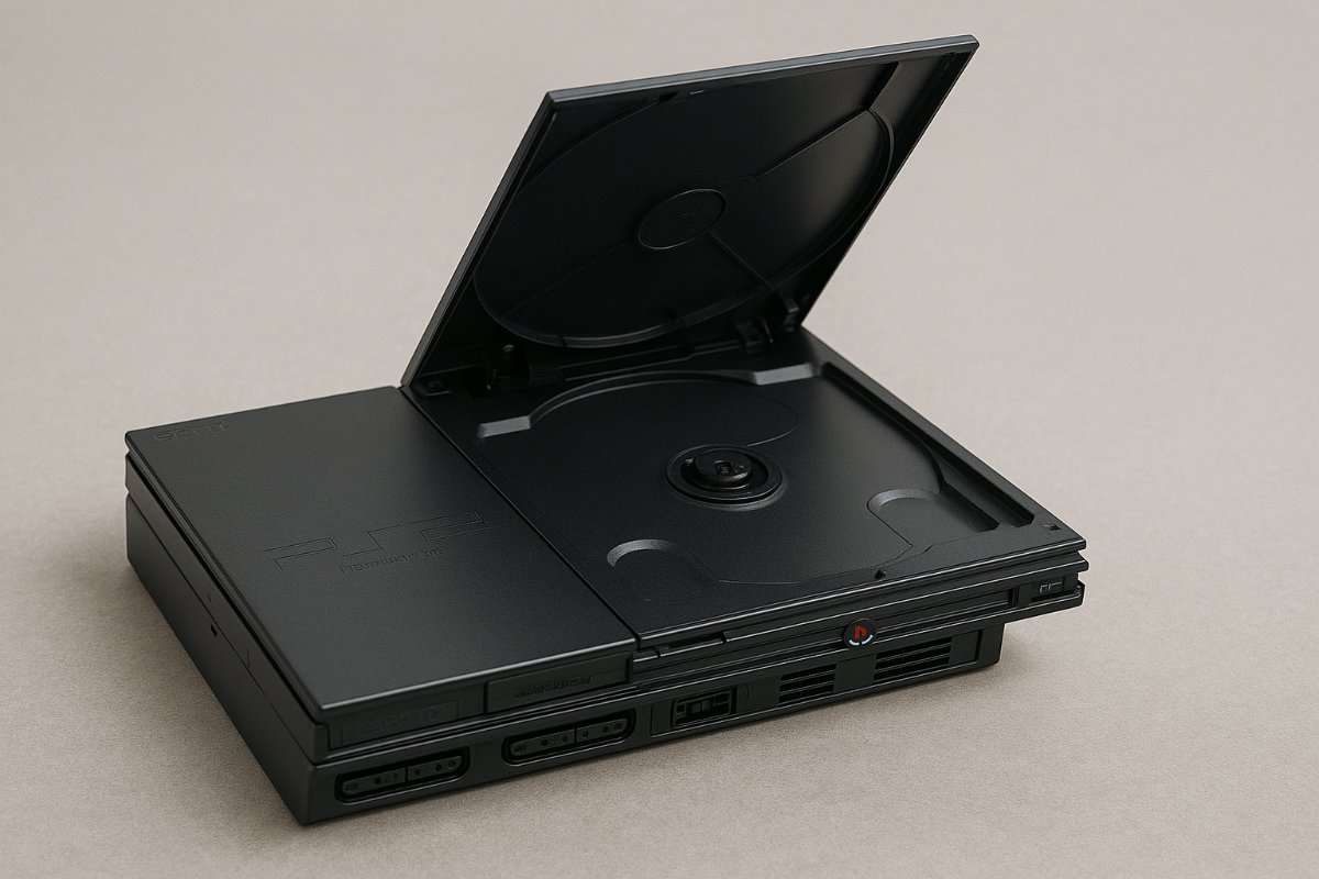 PlayStation 2 funcionando normalmente após o reparo da tampa.