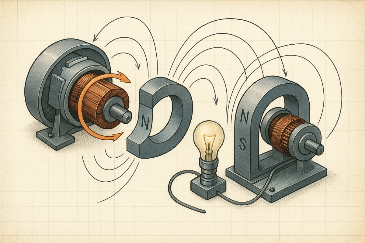 Ilustração técnica de gerador e motor elétrico.