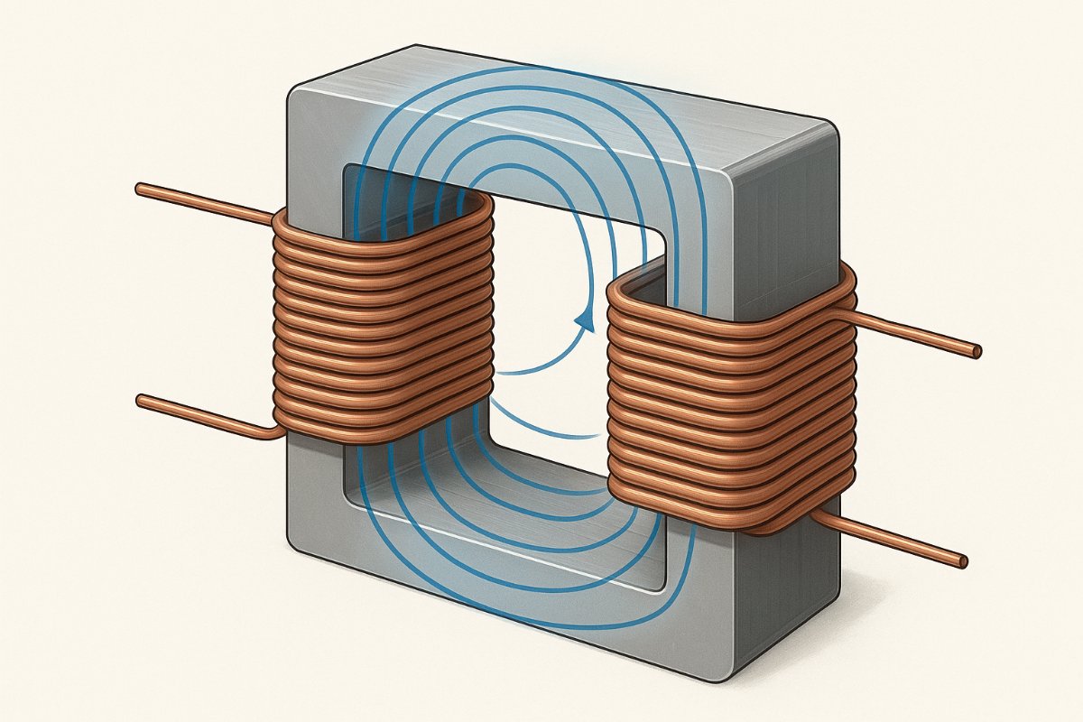 Ilustração técnica de um transformador elétrico.