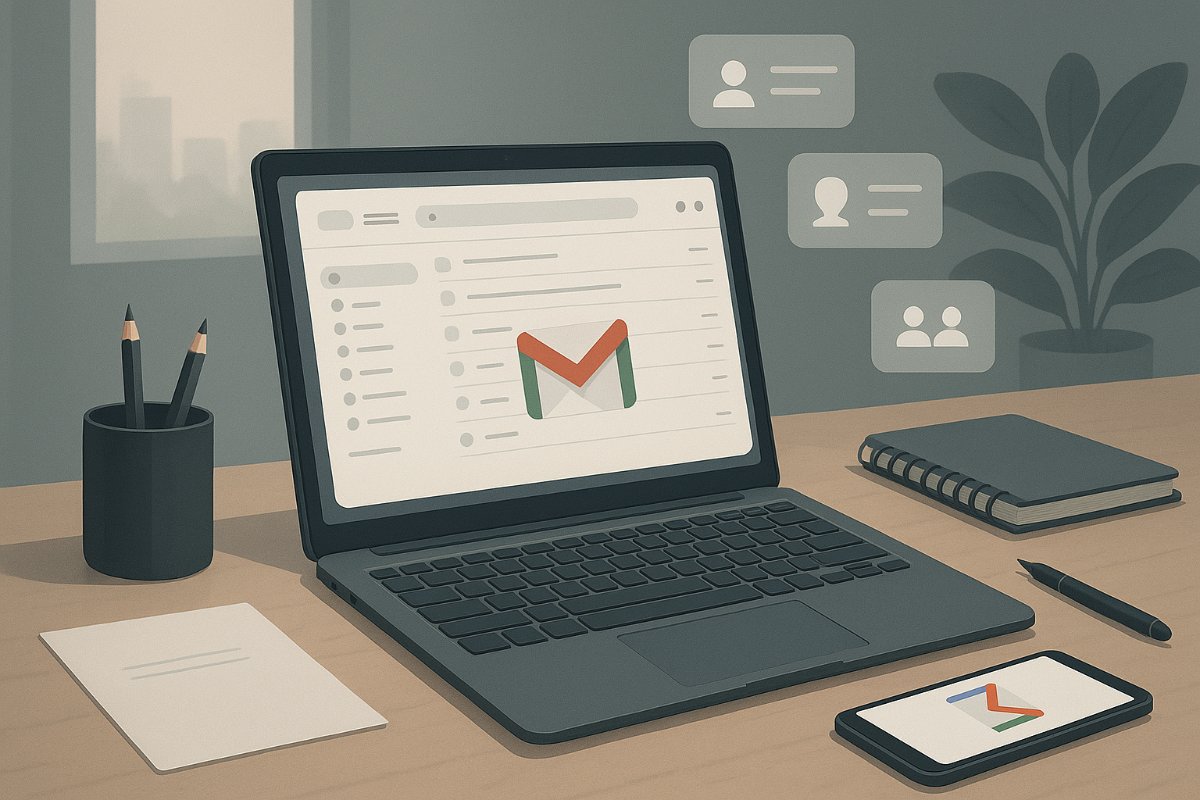 Ambiente corporativo com dispositivos exibindo e-mail profissional