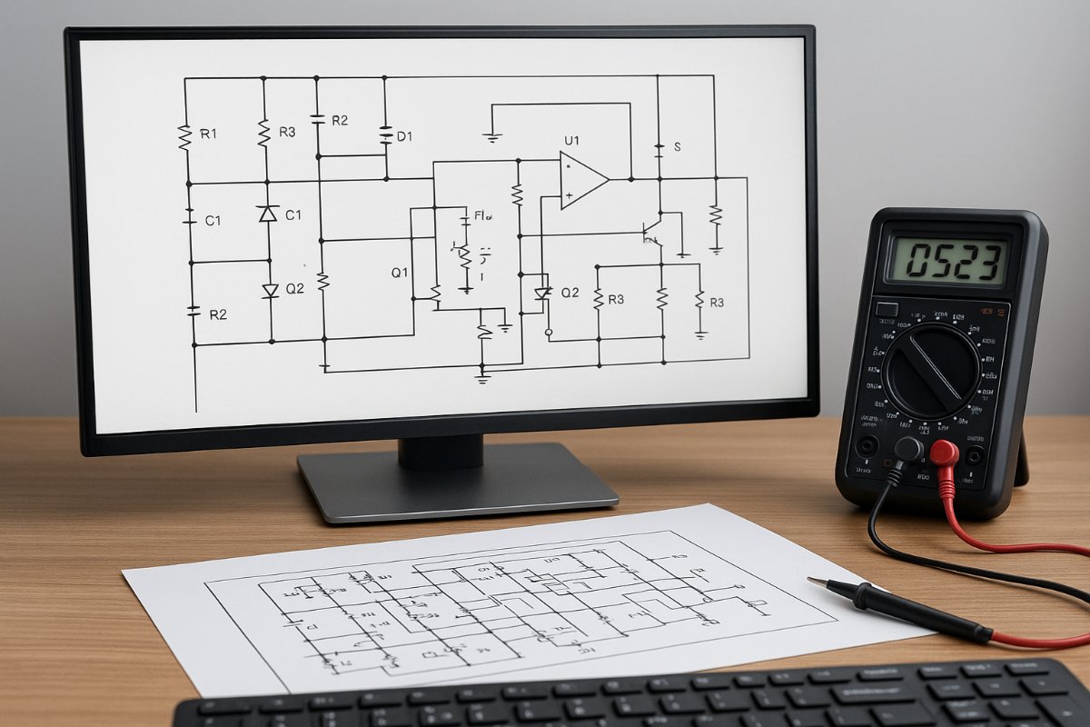 Tela com esquema eletrônico genérico ao lado de um console de videogame