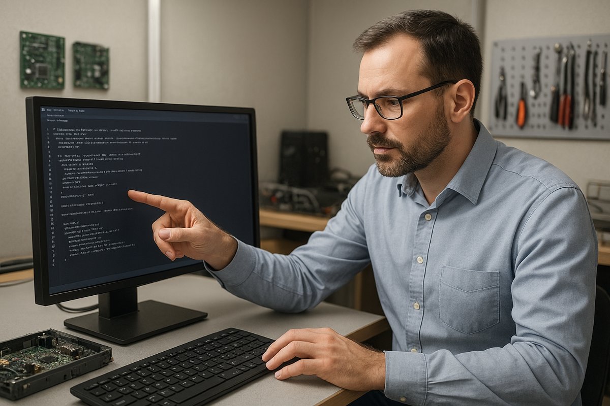 Pessoa analisando anotações técnicas em um monitor