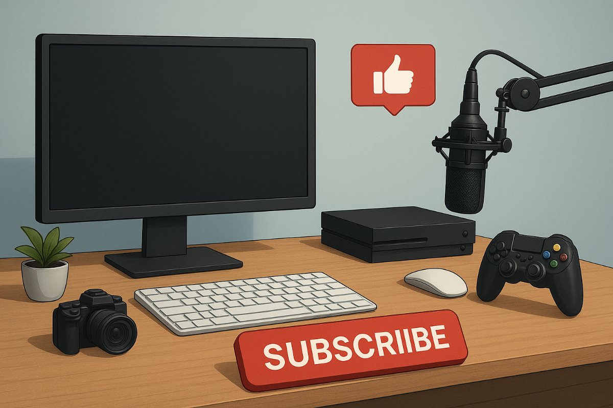 Bancada organizada com console e elementos de um canal de tecnologia