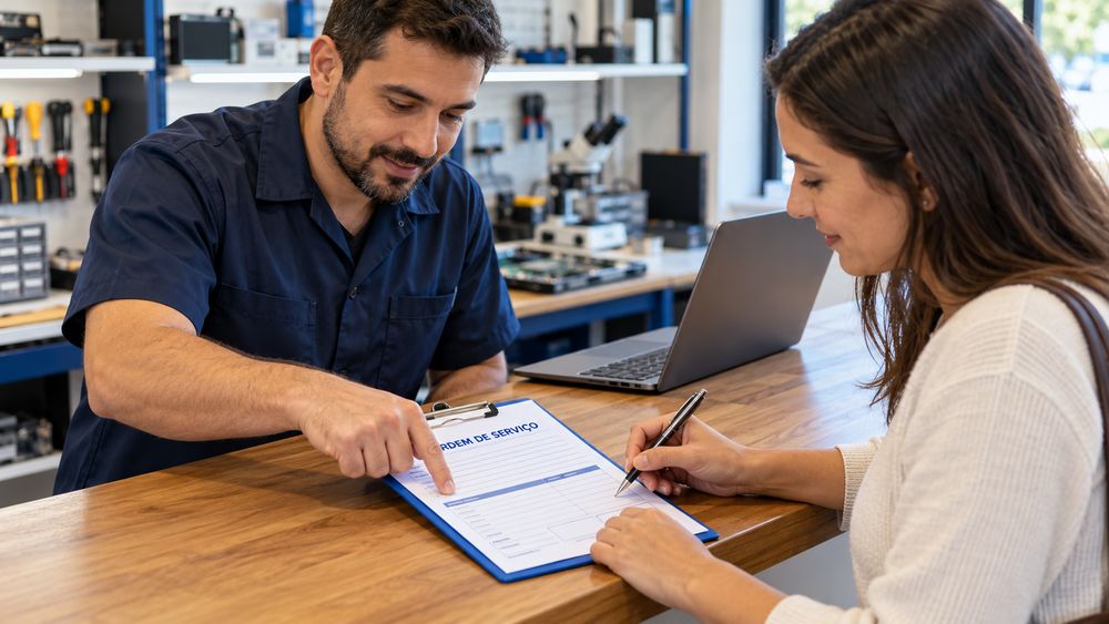 Técnico e cliente conferindo e assinando uma ordem de serviço